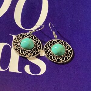 Silver Oxidized Turquoise Round Earrings